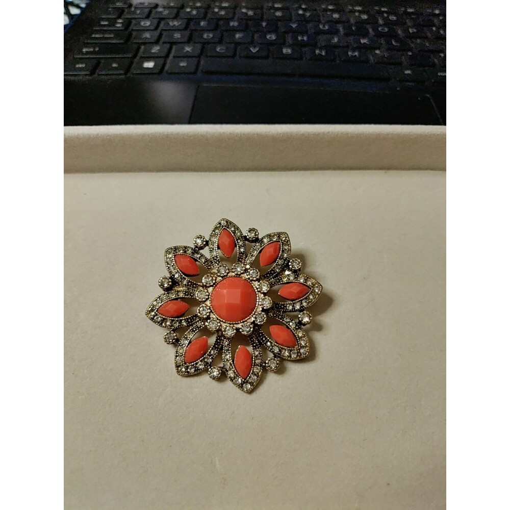 Monet Orange & Clear Rhinestone Flower Brooch